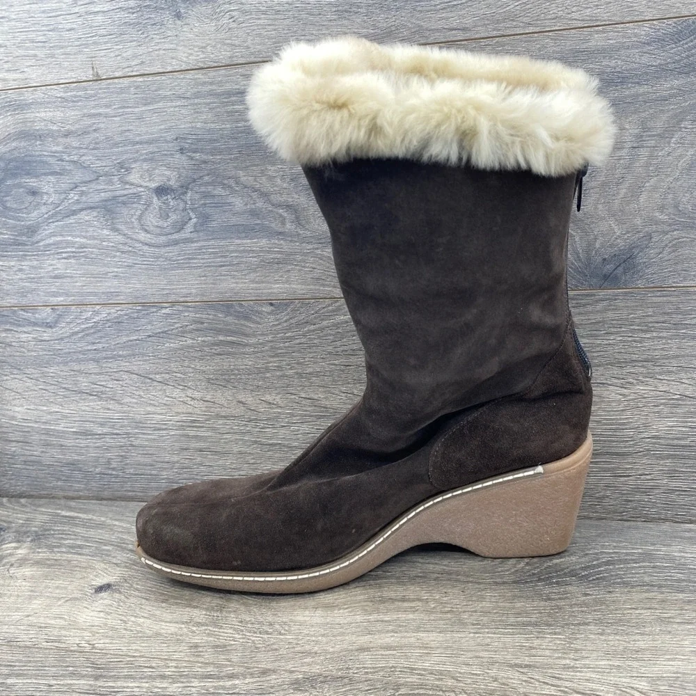 Maxine of Canada Mid-Calf Boots Women 10M Brown Suede Faux Fur Trim Wedge Heel